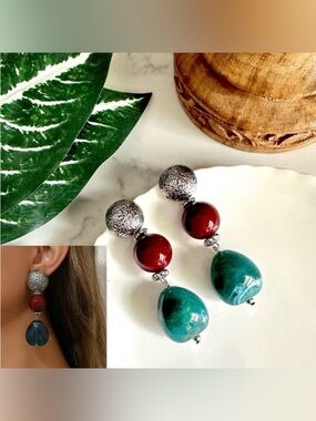 2/$30🌵 Antiqued Silver Teal & Red Stone Earrings Marbled Bohemian Jewelry NEW